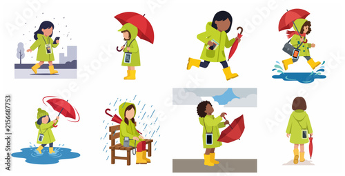 Vector illustration set of people in yellow raincoats and red umbrellas using waterproof phone cases in the rain