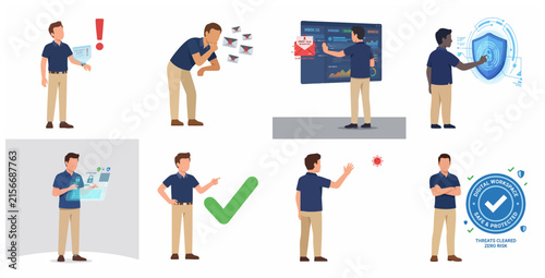 Cybersecurity and Digital Safety Illustration Set with Professional Character