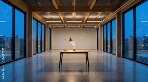 Empty coworking space at dawn with a single desk and steaming mug under blue light