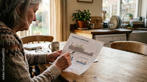 elderly woman reviewing energy usage chart at kitchen table