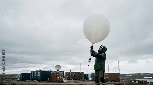 meteorologist releasing a large white weather balloon in a remote field with equipment and containers