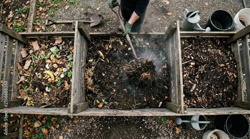 Person turning compost in a wooden three bin garden system with leaves and kitchen scraps