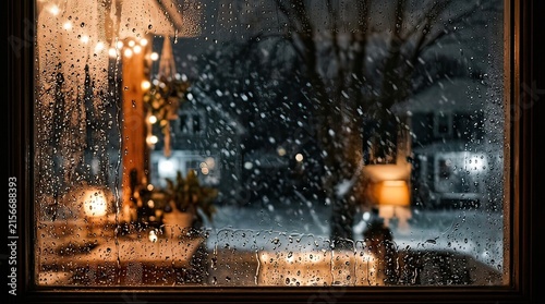 Rain on window glass with warm cozy interior lights and softly blurred living room scene
