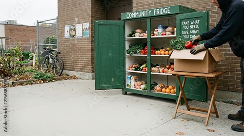 outdoor community fridge stocked with fresh produce and groceries with a person loading boxes