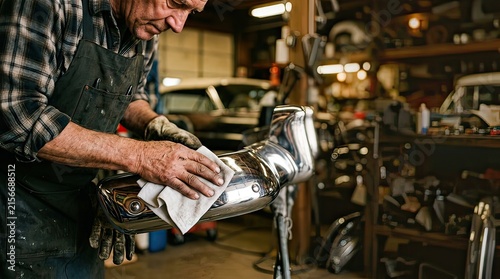 Restorer polishing chrome bumper in a vintage car workshop