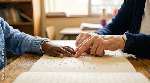 Tutor guiding student in braille learning at a desk