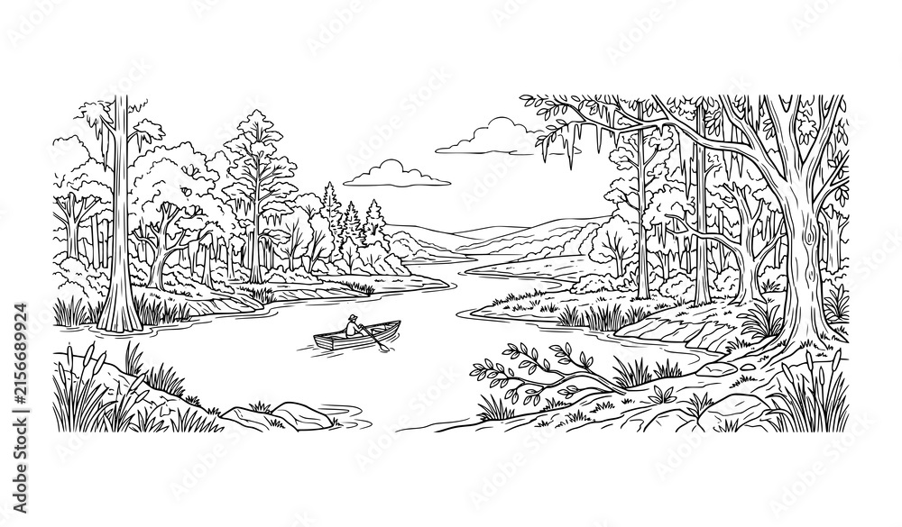 Fototapeta premium Savannah River Wilderness Riverside Landscape Coloring Book Vector Sketch