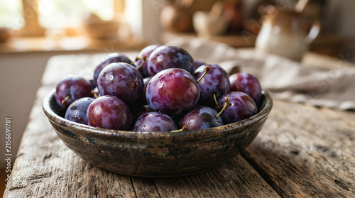 plums in a rustic bowl on a wooden table with natural light