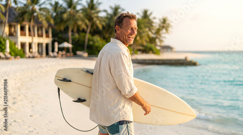 Canvas Print Middle-Aged Man Carrying Surfboard on Tropical Beach at Golden Hour