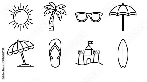 Set of beach travel and summer vacation thin line icons