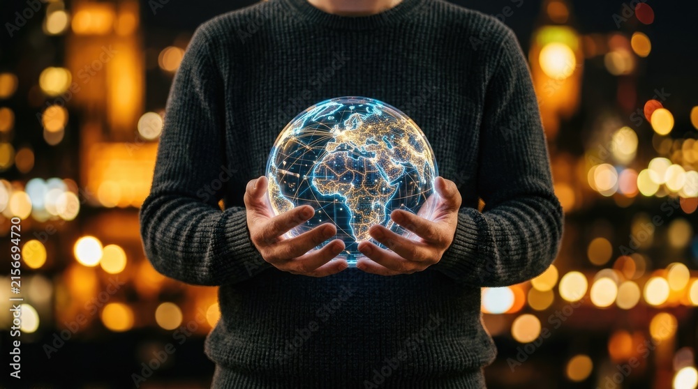 Fototapeta premium Businessman holding a glowing digital Earth globe representing global connectivity