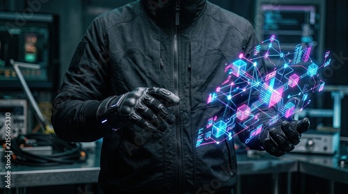 Futuristic cyberpunk hacker interacting with a glowing digital holographic network in a high-tech lab