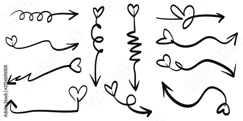 Set of arrow icons with hearts in hand drawn style. arrow icon with various directions. Doodle element. isolated on a white background