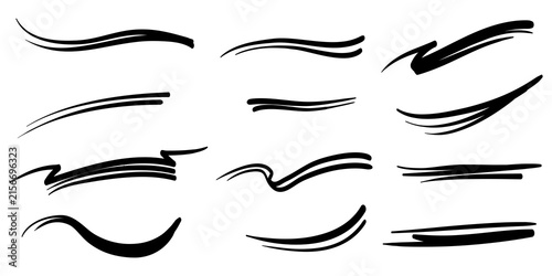 Hand drawn set of underline, curly swishes, swashes, swoops, swirl. Highlight text elements. vector illustration