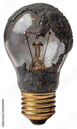 Light bulb with cracked surface is filled with dark dust, symbolizing burnout and failure. damaged appearance evokes sense of neglect and decay., isolated