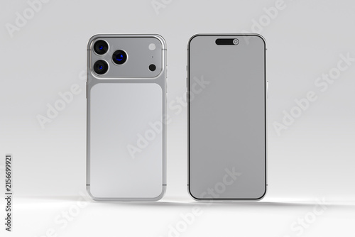 Front and back view smartphone mockup with blank display on neutral background 3d rendering