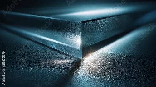 Close view of a glass object on a dark surface with light reflections and shadows creating visual interest