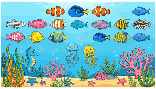 Vibrant Aquarium Sea Floor Landscape with Colorful Marine Creatures and Marine Plants for Children Education Book Graphics and Playful Kindergarten Wallpaper Designs