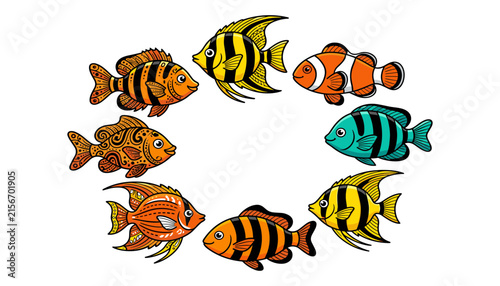 Vibrant Exotic Marine Wildlife Round Badge Layout featuring Striking Striped Pattern Swimming Creatures for Preschool Education Media and Craft Sticker Background Designs