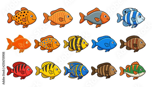 Vibrant Diverse Marine Wildlife Grid Layout with Smiling Multi Colored Aquatic Swimming Creatures for Toddler Playroom Wall Prints and Preschool Activity Card Designs