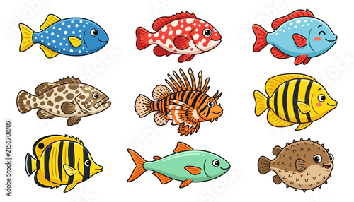 Vibrant Exotic Sea Critters Set with Spiky Blowfish Prickly Lionfish and Spotted Grouper Characters for Baby Shower Party Decoration and Infant Picture Book Elements