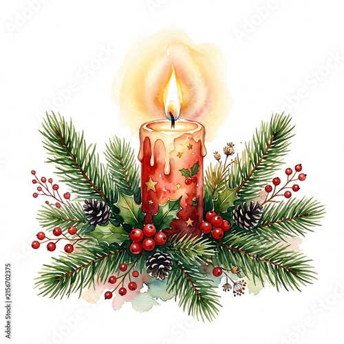 A beautiful watercolor painting of a christmas candle surrounded by festive winter greenery and berries