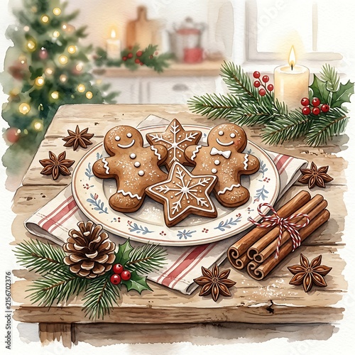 A delightful watercolor painting of festive christmas treats and cozy winter decorations a holiday scene