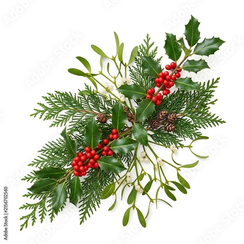 A beautiful and festive watercolor arrangement of christmas greenery with vibrant red berries and pinecones