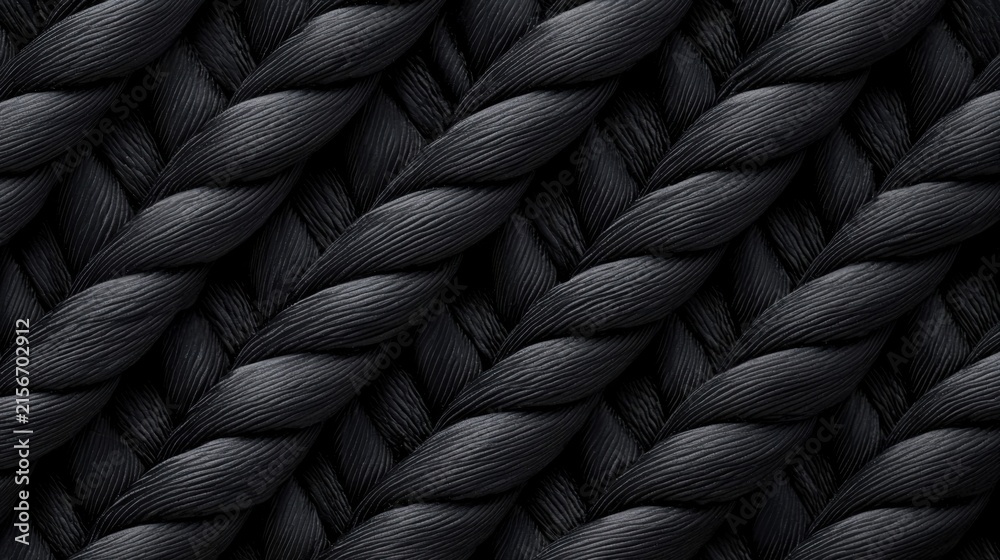 Obraz premium Black braided rope creating a strong intertwining pattern, showcasing dark intricate nautical texture, detailed fiber weave providing tensile strength and secure connection