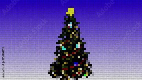 christmas tree stylized in mosaic pixelated pattern. Flickering colorful shiny small squares background