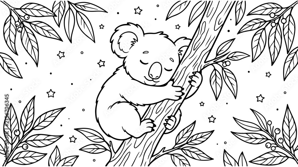 Fototapeta premium Cute koala bear sleeping on a eucalyptus tree branch in a doodle line art style illustration