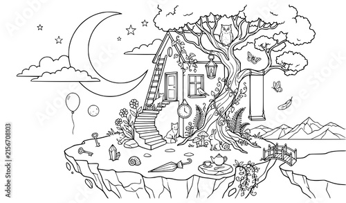 Bild auf Leinwand Enchanted treehouse on floating island, surreal fairytale cottage, magical dream