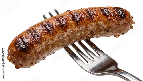 Foto Grilled sausage impaled on a metal fork, isolated on transparent background