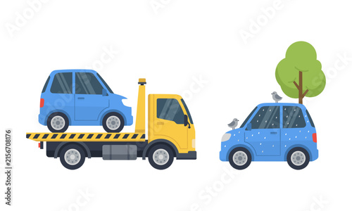 Canvas Print Car towing service vector illustration, featuring a yellow flatbed tow truck tra