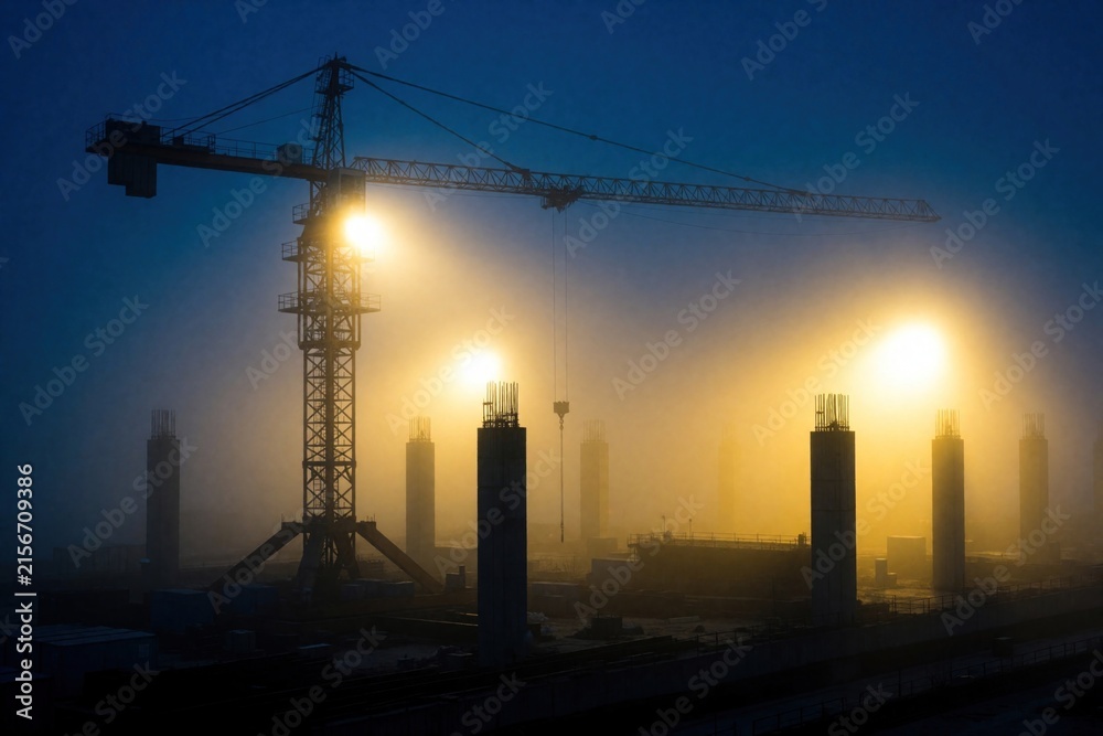 Naklejka premium Construction crane operates on a building site shrouded in thick fog at night. Industrial landscape illuminated by bright lights, creating a mysterious atmosphere.