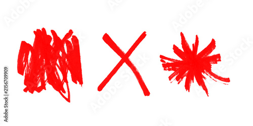 Konstfotografi Red hand drawn marker scribble, cross mark X, and starburst collection isolated on transparent background
