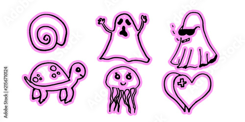 Foto Cute Hand Drawn Pink Sticker Set with Ghosts Turtle Jellyfish Shell and Heart Ic