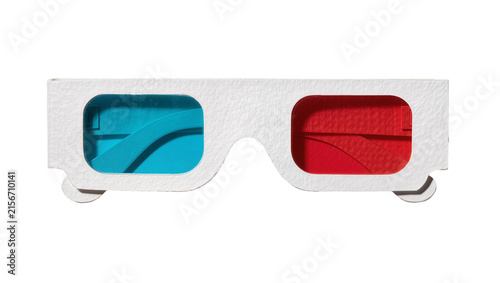 White cardboard anaglyph 3D glasses with red and blue lenses, isolated on transparent background