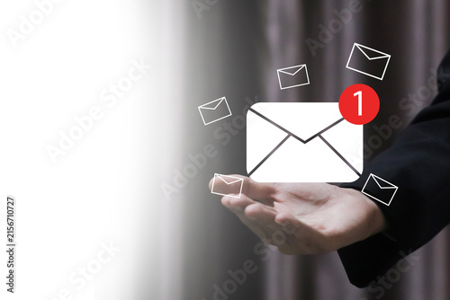 Business professional with email notification interface, highlighting email communication, digital messaging, inbox management, customer engagement, online correspondence, business.