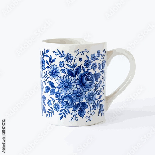 Classic White Ceramic Coffee Mug with Elegant Blue Floral Pattern on White Background