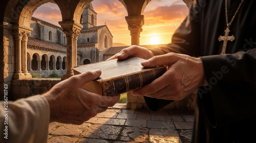 Priest in black robe hands holy Bible to another man. Religious leader gives sacred scripture at old stone church monastery. Sunset light shines through arches during christian worship evangelism