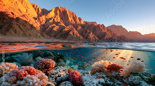 Dual Ecosystems: Sunrise Over Sinai Mountains and the Red Sea Coral Reef