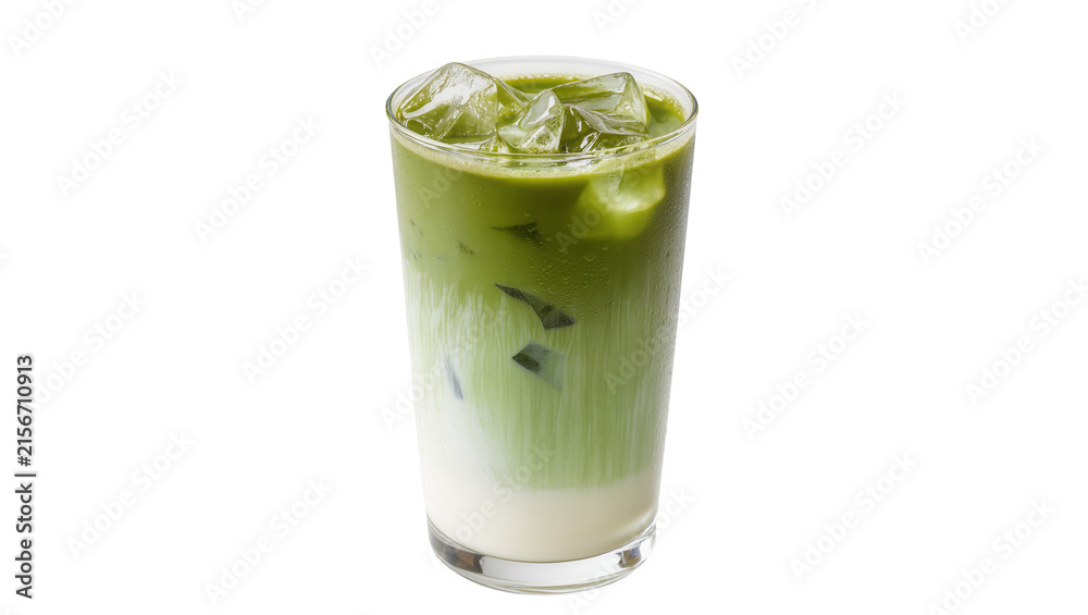 Fototapeta premium Tall glass of iced matcha latte with creamy milk layers, isolated on transparent background