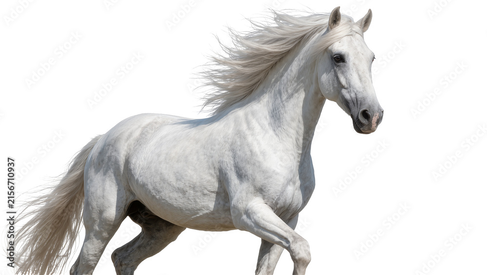 Naklejka premium Majestic white horse with flowing mane running, isolated on transparent background