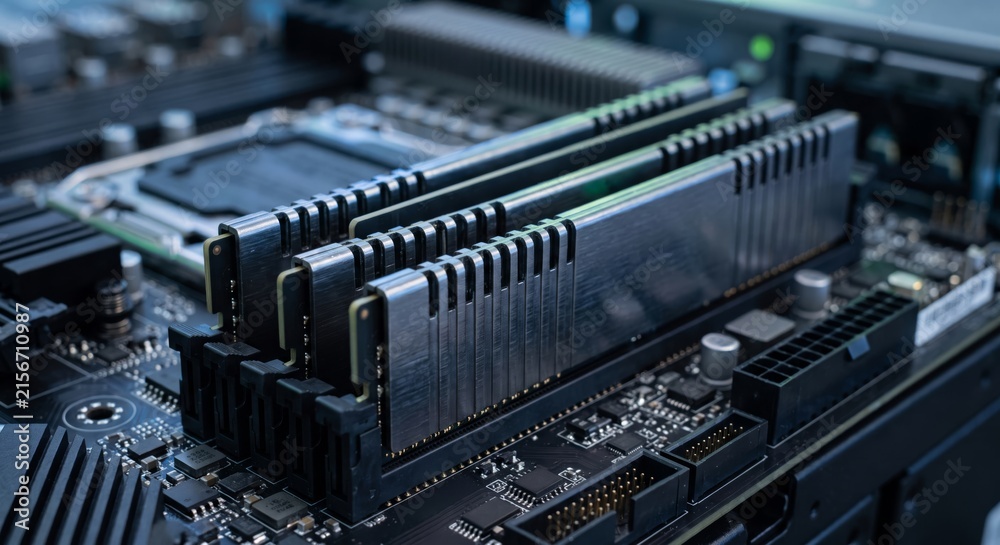 Fototapeta premium RAM memory modules close-up installed on professional server motherboard with modern metallic design and cool lighting