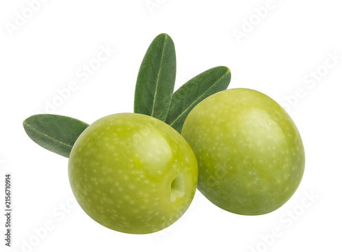 Fresh green olive with leaf isolated on white background. Nutritious ingredient for mediterranean diet, healthy food and delicious oil. Natural beauty product and organic cosmetics.
