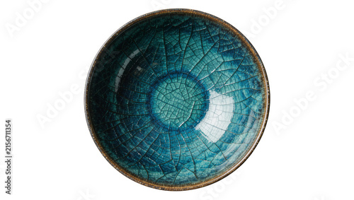 Deep blue ceramic bowl with crackle glaze texture, isolated on transparent background