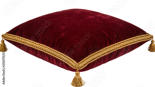 Quadro su tela Deep red velvet cushion with ornate gold trim and tassels, isolated on transpare