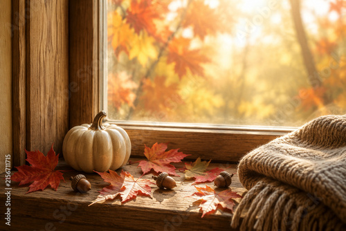 Window ledge still life with ceramic pumpkin, leaves, acorns, and knit throw