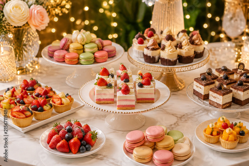 Elegant dessert table with mini cakes, macarons, fruit tarts, berries, and fairy lights, sweet celebration concept.